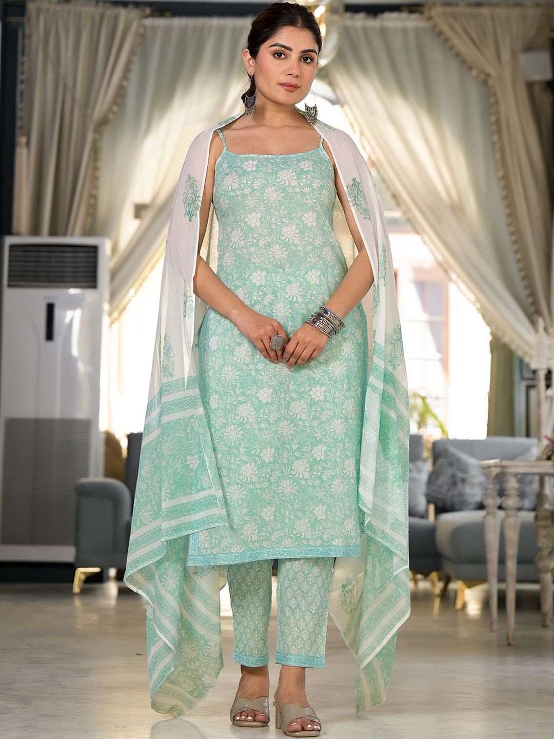 Vishudh Blue Floral Printed Regular Pure Cotton Kurta with Trousers & With Dupatta