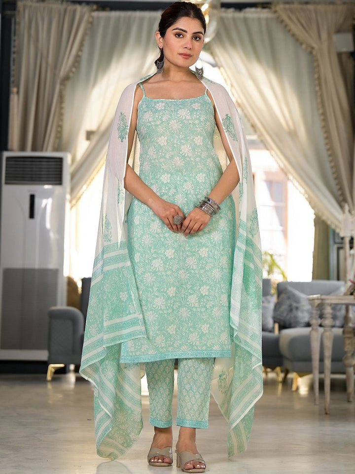 Vishudh Blue Floral Printed Regular Pure Cotton Kurta with Trousers & With Dupatta