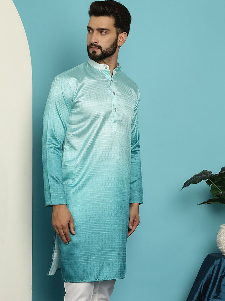 SOJANYA Mandarin Collar Thread Work Silk Cotton Jacquard Regular Kurta