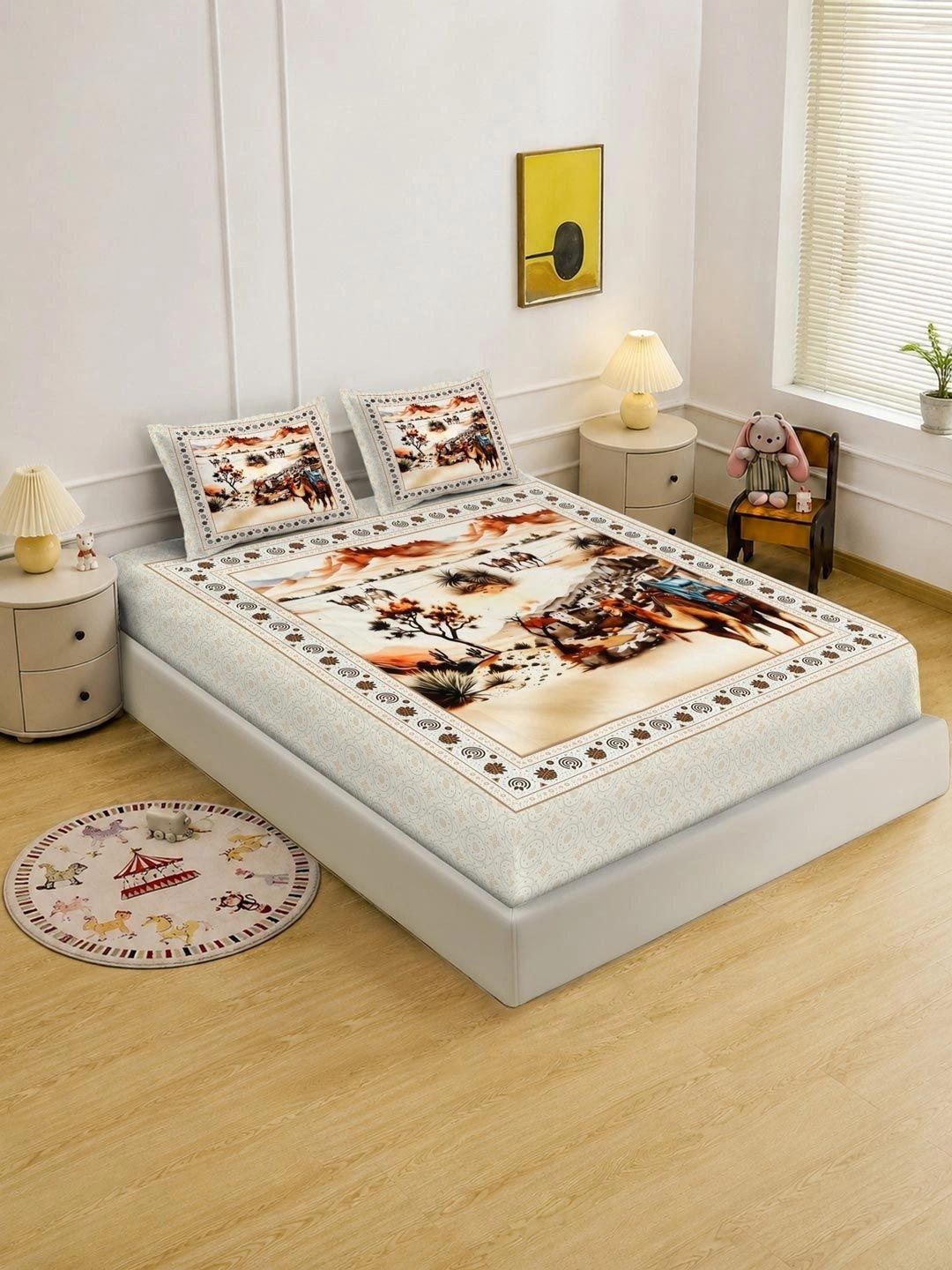 Moda Rapido X KLOTTHE Cream-Coloured & Brown Conversational 400 TC King Bedsheet with 2 Pillow Covers