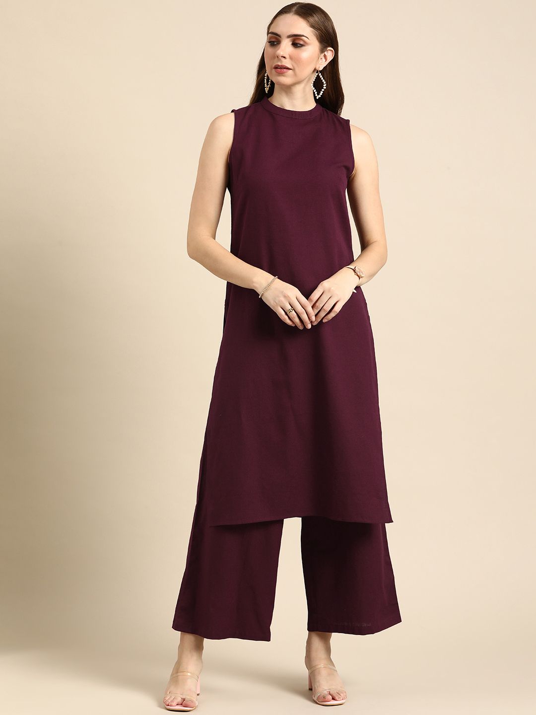 Anouk Women Solid Round Neck Pure Cotton Kurta