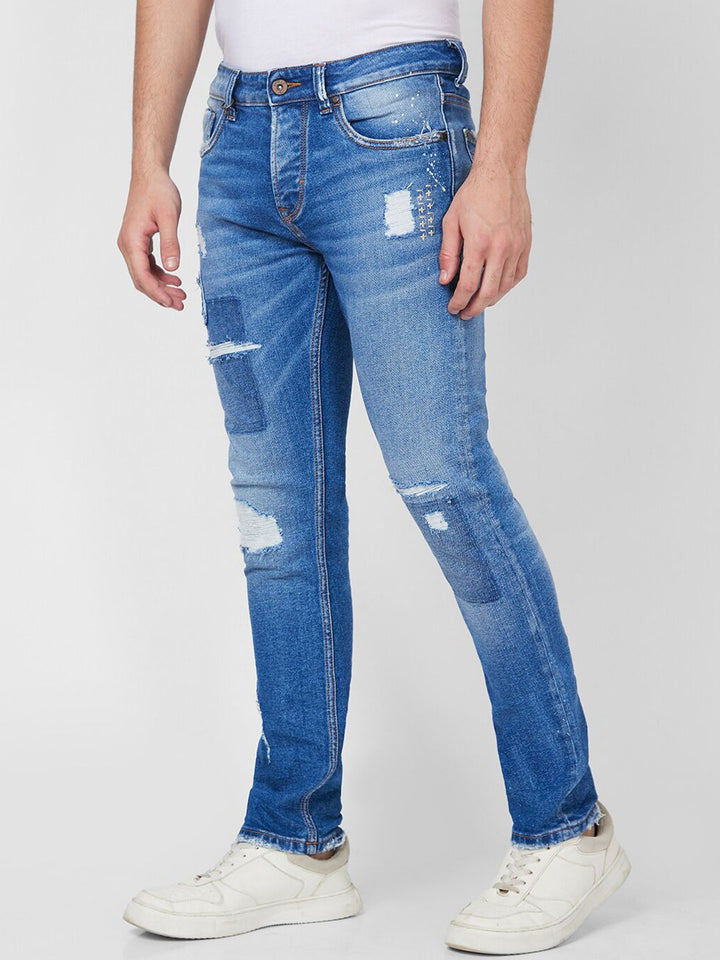SPYKAR Men Mid-Rise Tapered Fit Highly Distressed Heavy Fade Stretchable Cotton Jeans