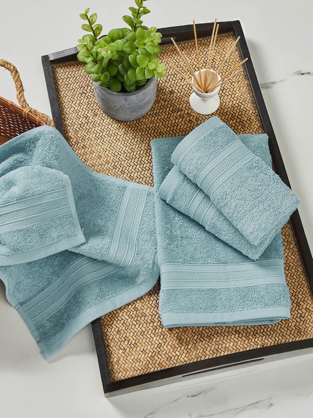 MYTRIDENT Turquoise Blue 500 GSM Set of 4 Cotton Hand Towels