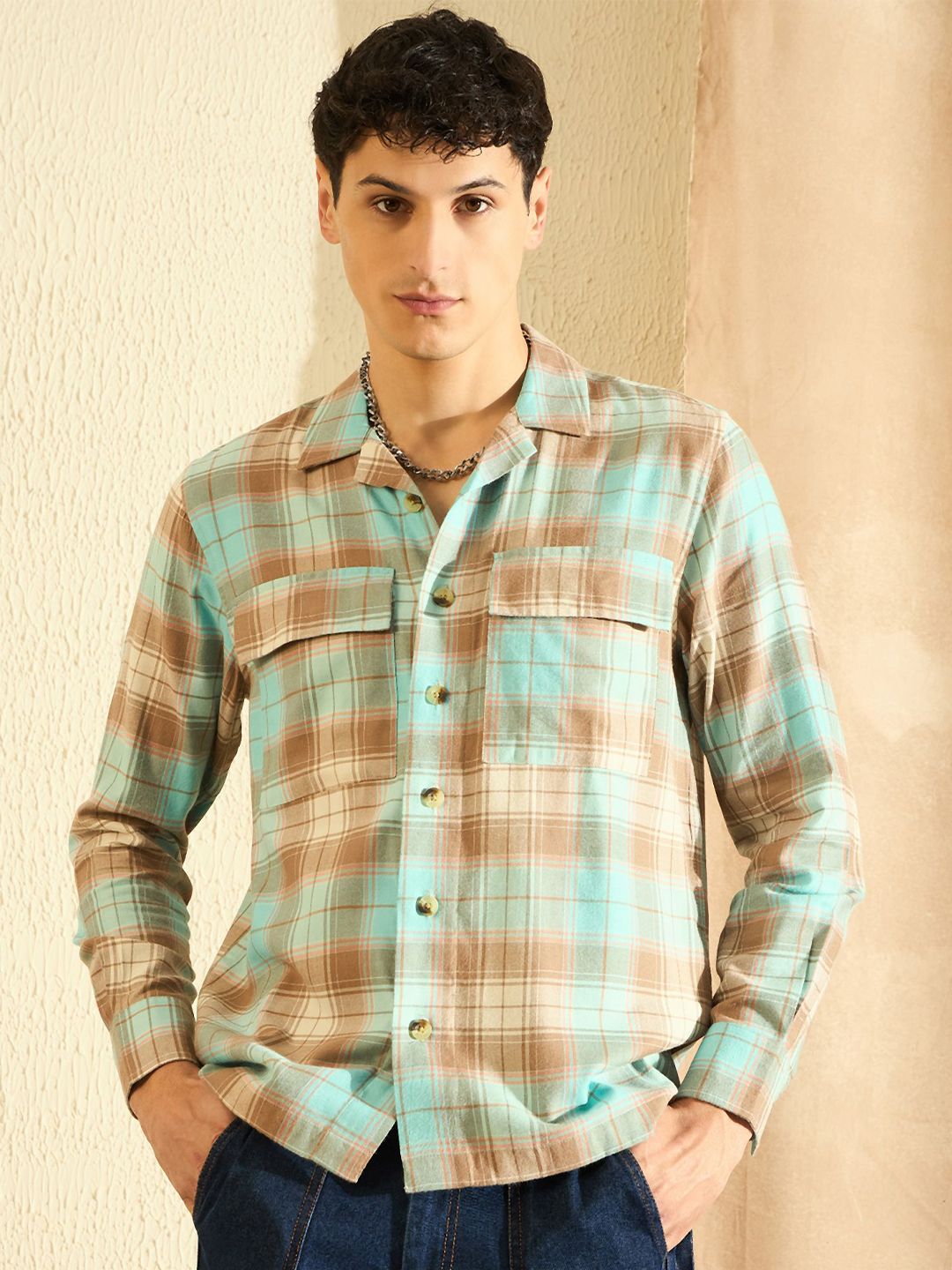 DENNISON Smart Tartan Checks Cuban Collar Cotton Casual Shirt