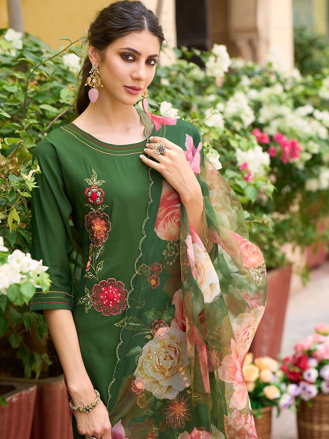 Indo Era Floral Embroidered Thread Work Kurta With Trousers & Dupatta