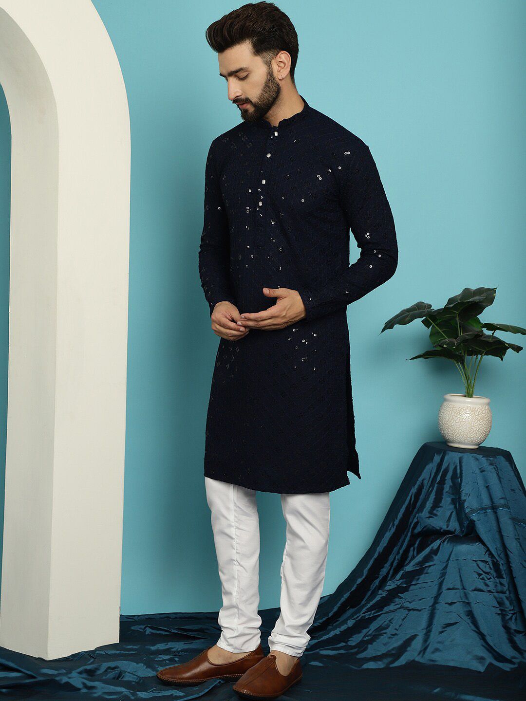SOJANYA Embroidered Sequinned Pure Cotton Kurta with Pyjama Set