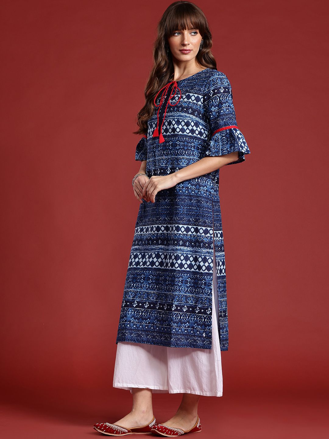 Anouk Ethnic Printed Flared Sleeves Indigo Pure Cotton Kurta