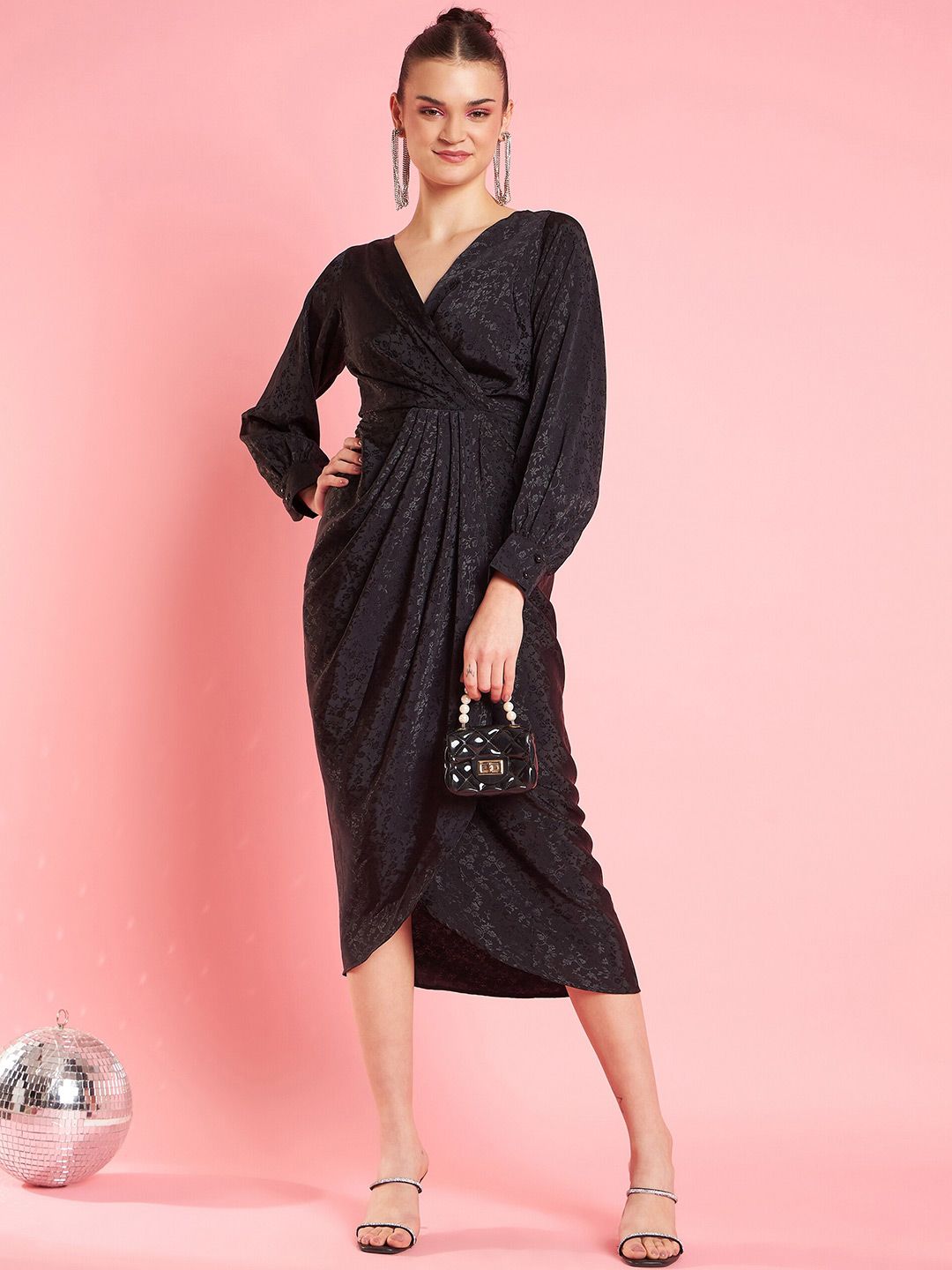 Antheaa Black Self Designed Wrap Midi Dress