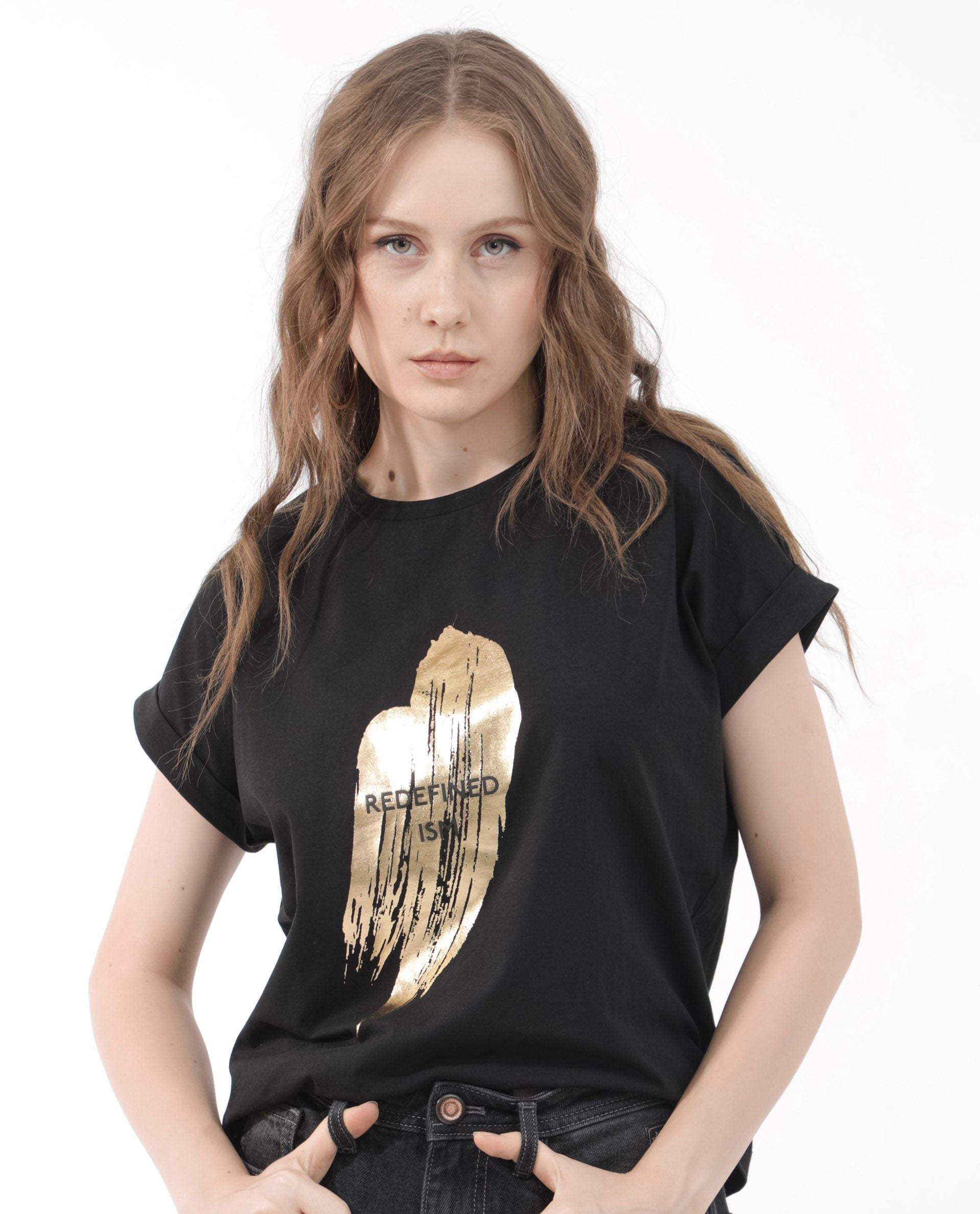 RAREISM Women Printed V-Neck Extended Sleeves Pockets T-shirt