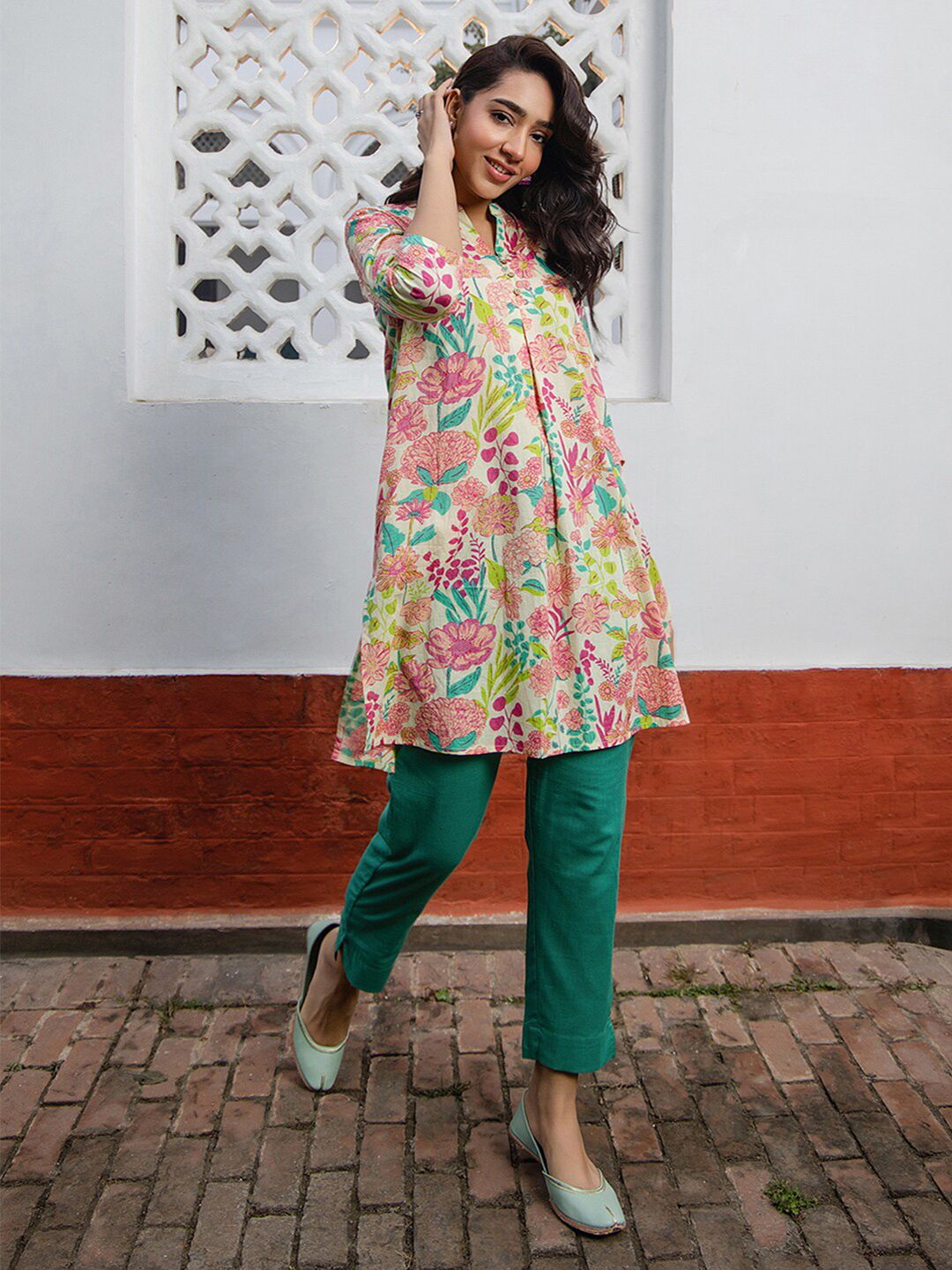Janasya Pure Cotton Floral Printed A-Line Tunic