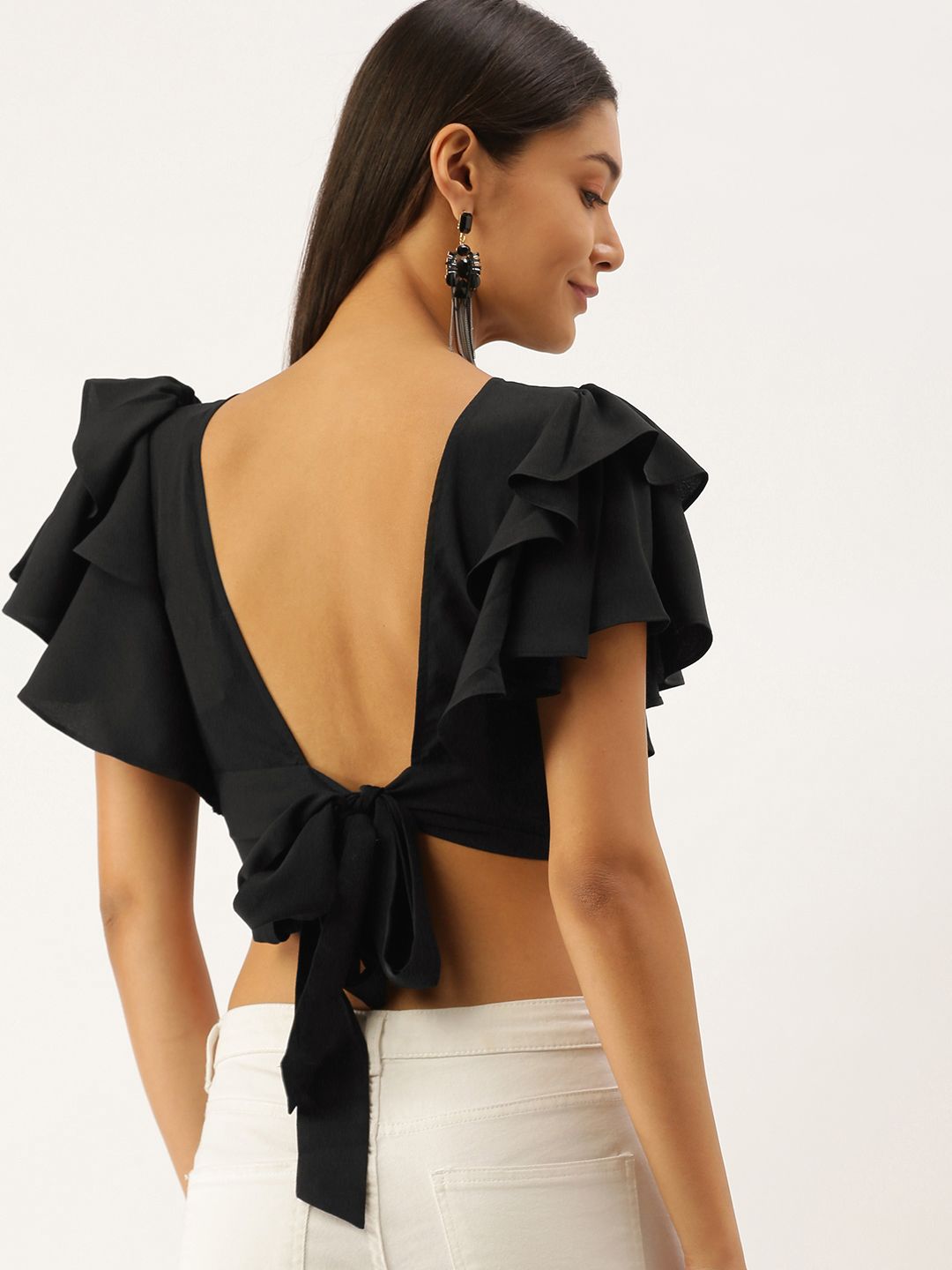 Berrylush Black Ruffles Crepe Styled Back Crop Top