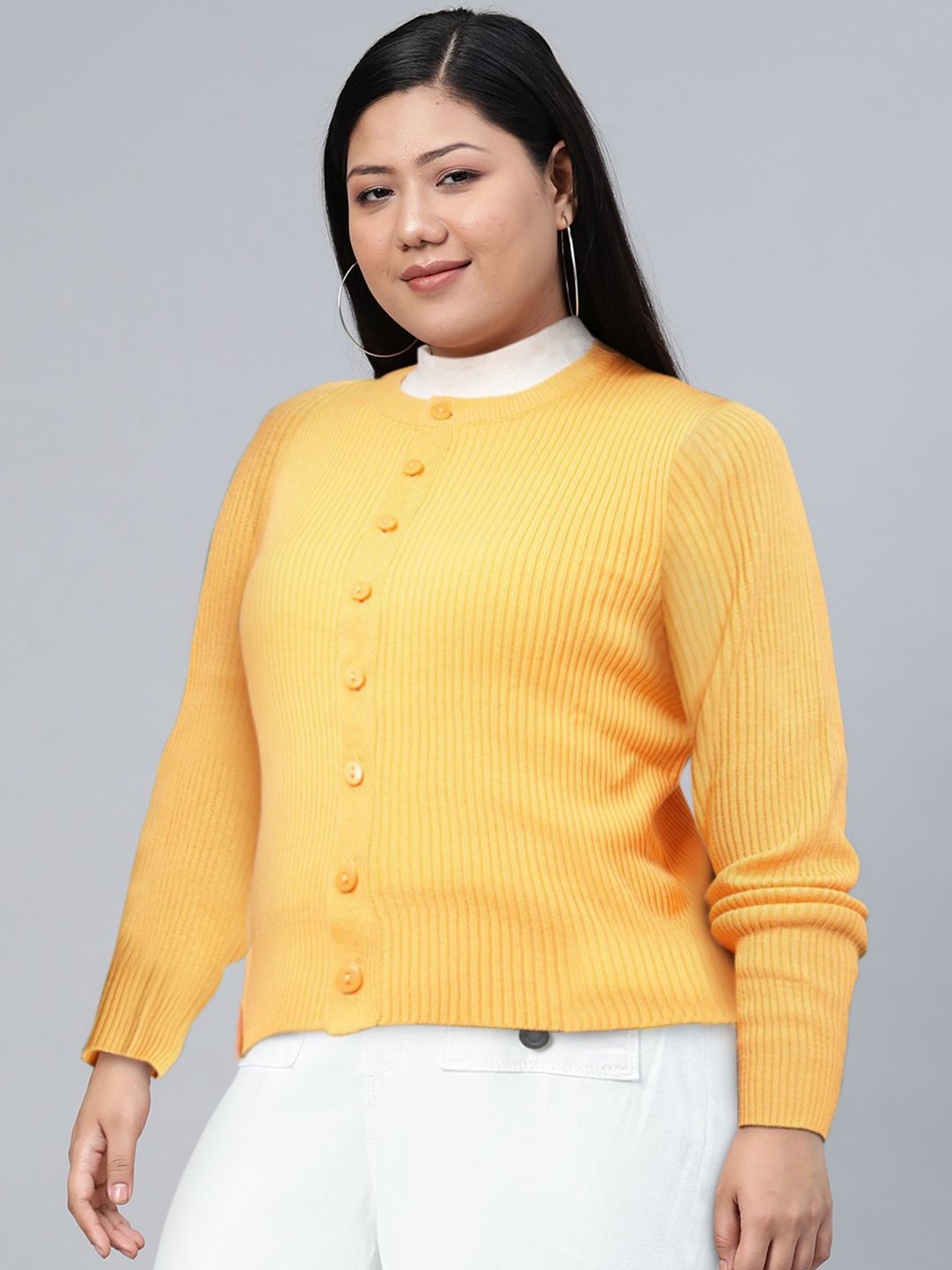 Tokyo Talkies Yellow Ribbed Acrylic Crop Cardigan Sweater