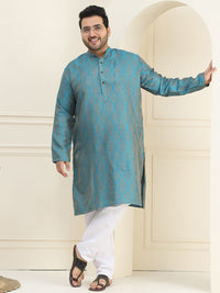 SOJANYA PLUS Men Teal Blue & Golden Ethnic Motifs Jacquard Kurta