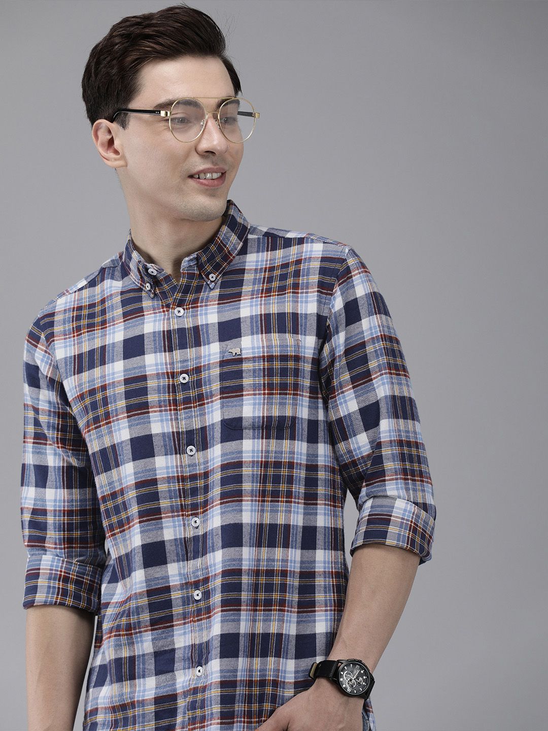 THE BEAR HOUSE Men Blue Slim Fit Tartan Checked Flannel Pure Cotton Casual Shirt
