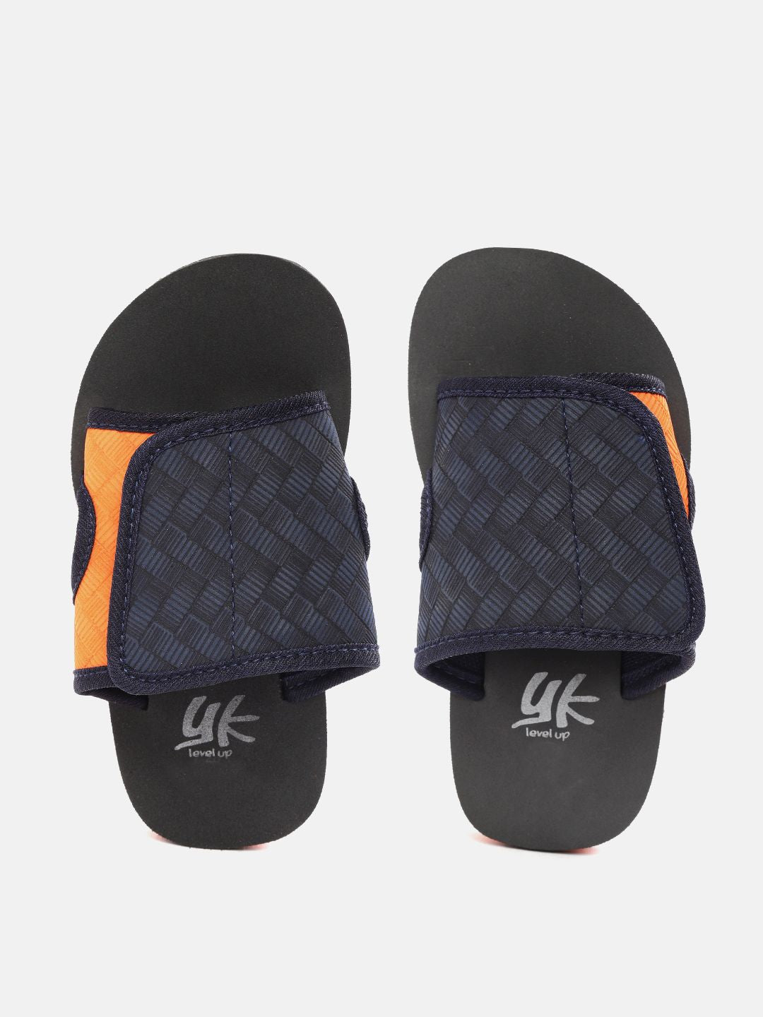 YK Boys Navy Blue & Orange Chevron Textured Sliders with Cut-Out Detail