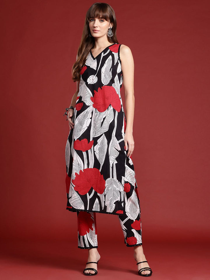 Indo Era Floral Printed Lace Detailed Pure Cotton Kurta with Trousers