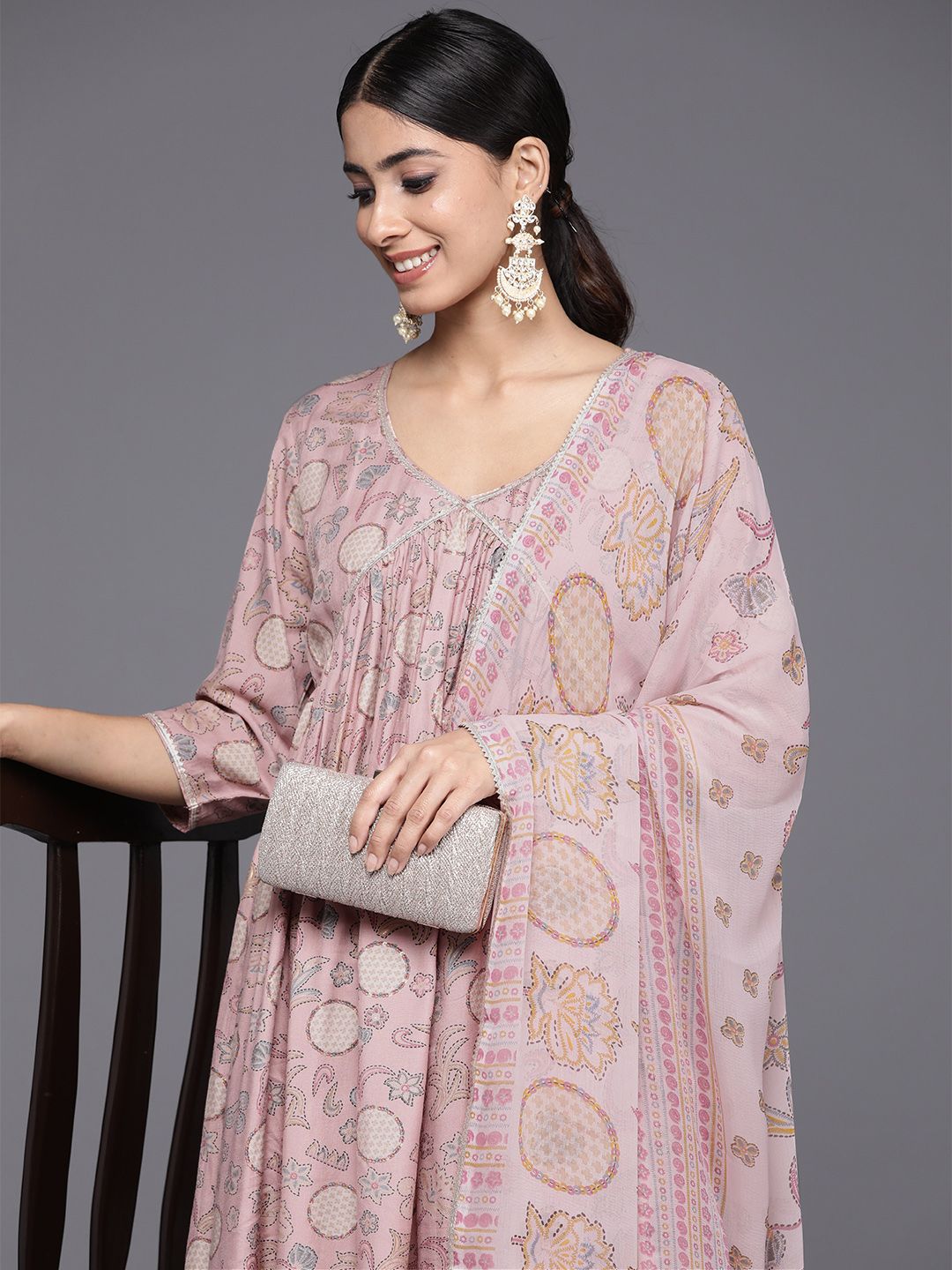 Libas Women Floral Printed Pleated Gotta Patti Kurta with Trousers & With Dupatta