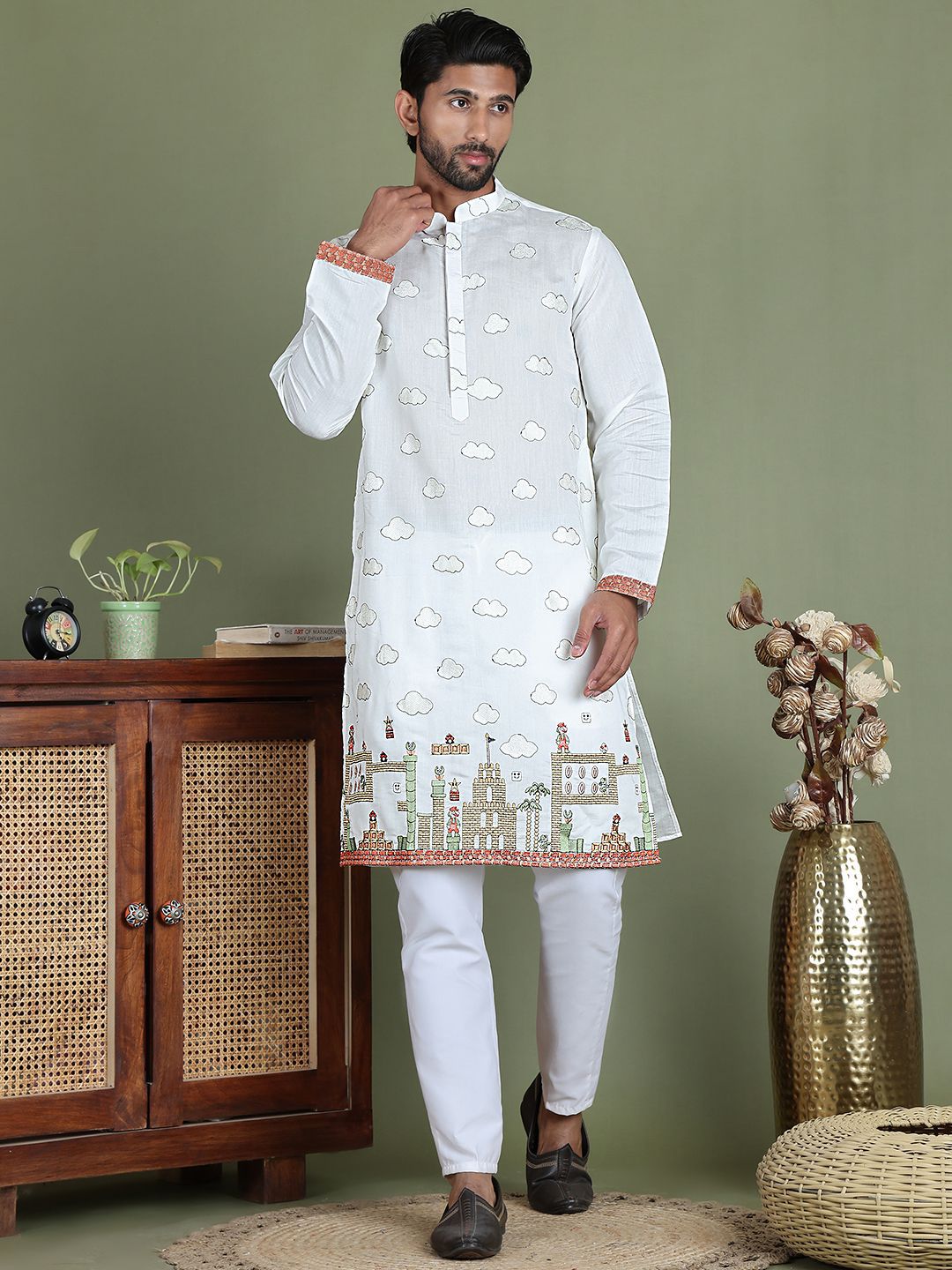 Jompers Quirky Embroidered Mandarin Collar Straight Kurta With Pyjama