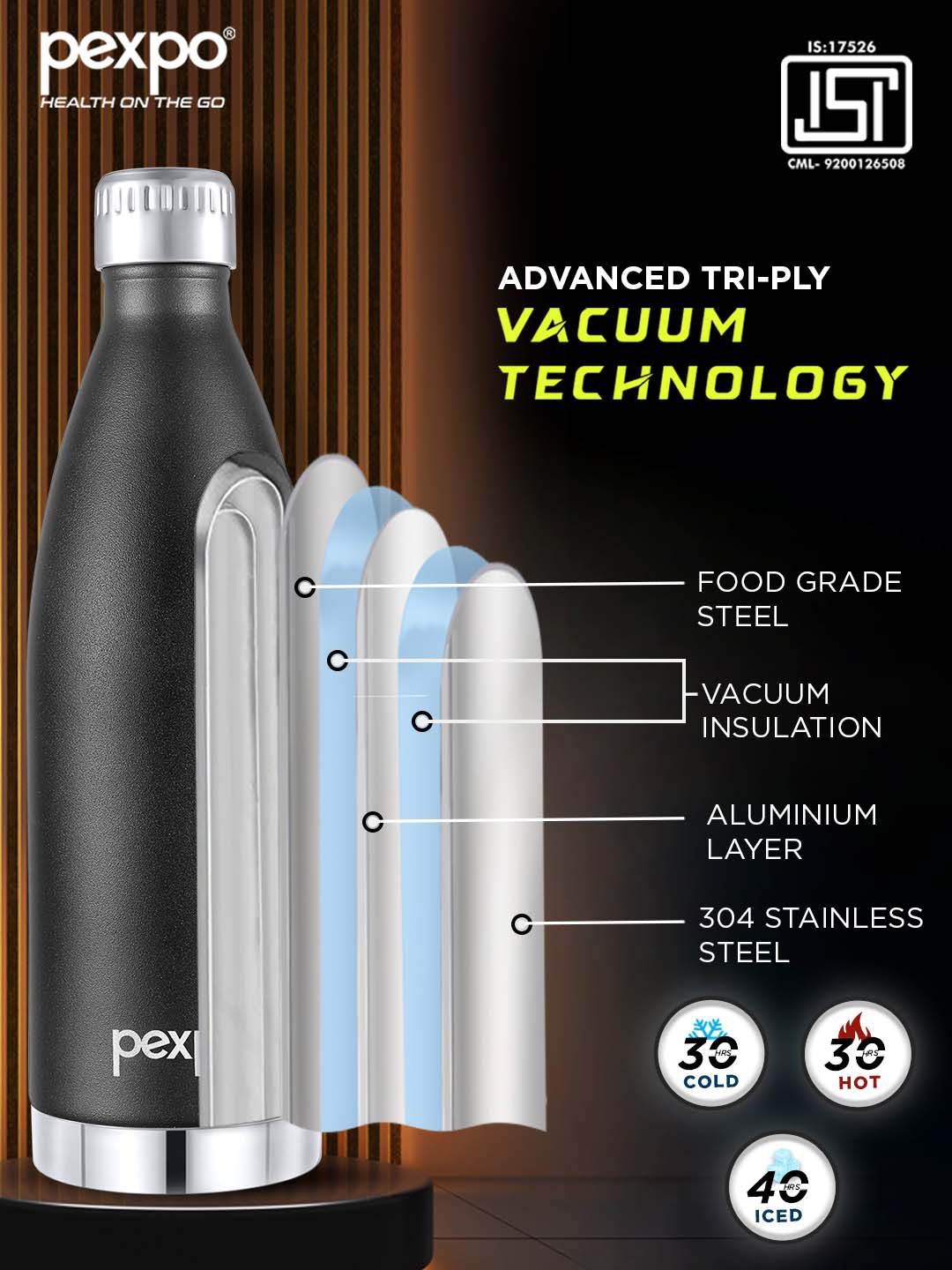 Pexpo Extreme Knight Black ISI Certified Thermosteel Hot & Cold Flask Water Bottle - 830ml