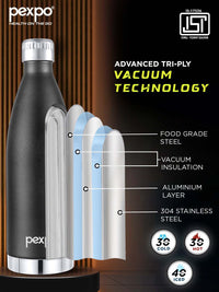Pexpo Extreme Knight Black ISI Certified Thermosteel Hot & Cold Flask Water Bottle - 830ml