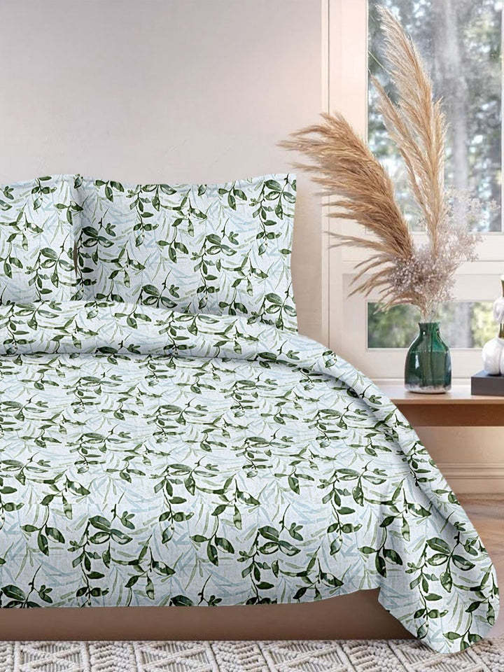 Cortina Glazed Cotton Green Floral 140 TC King Bedsheet with 2 Pillow Covers