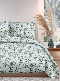Cortina Glazed Cotton Green Floral 140 TC King Bedsheet with 2 Pillow Covers