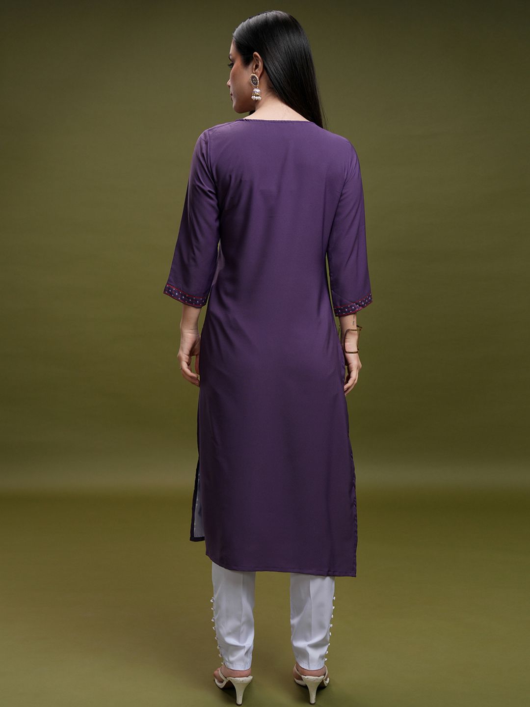 Vishudh Purple Geometric Printed Round Neck Thread Work Straight Kurta