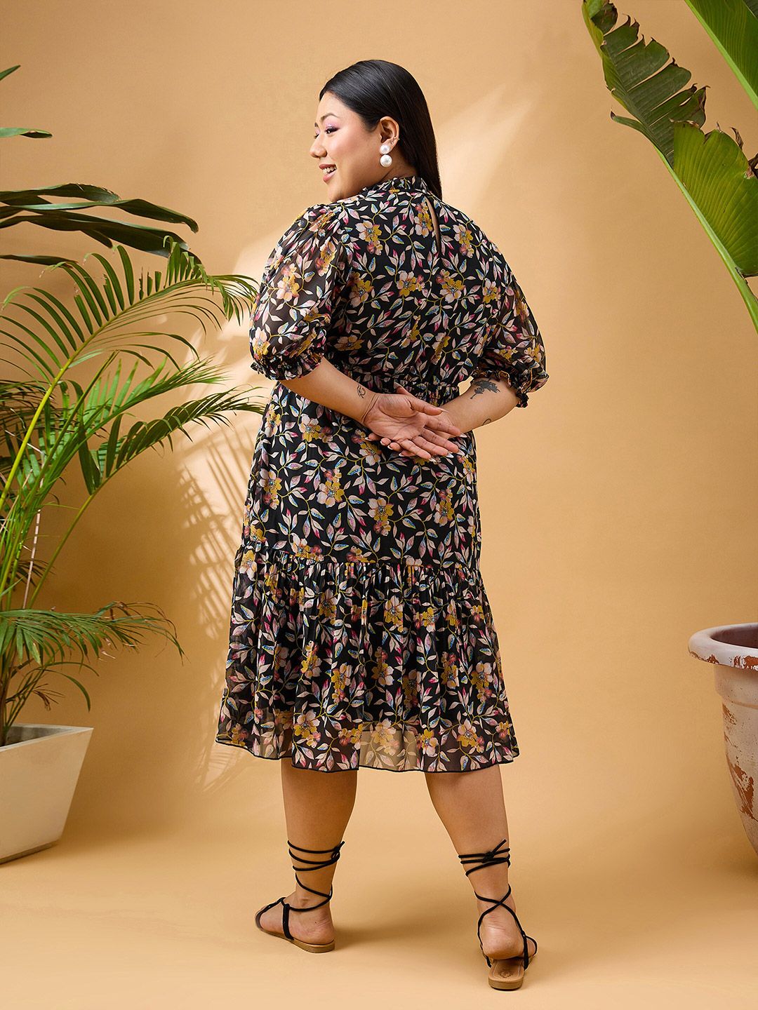 SASSAFRAS Curve Plus Size Floral Printed Tiered Georgette Fit and Flare Midi Dress