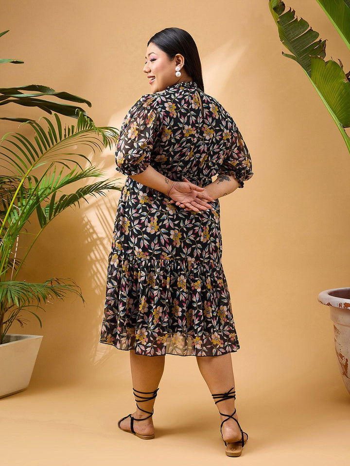 SASSAFRAS Curve Plus Size Floral Printed Tiered Georgette Fit and Flare Midi Dress