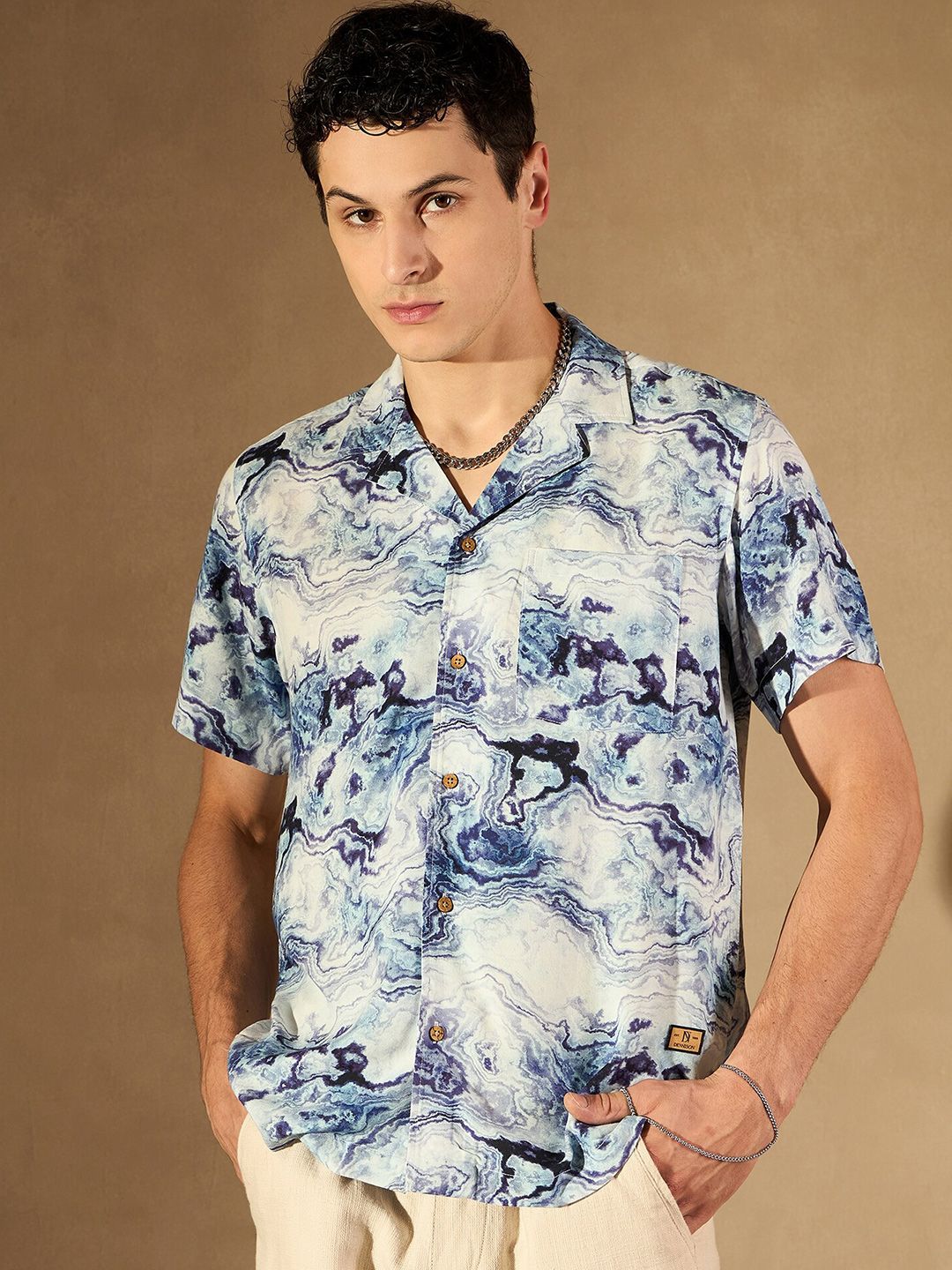 DENNISON Abstract Print Cuban Collar Smart Oversized Casual Shirt
