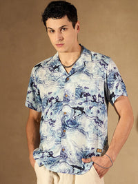 DENNISON Abstract Print Cuban Collar Smart Oversized Casual Shirt
