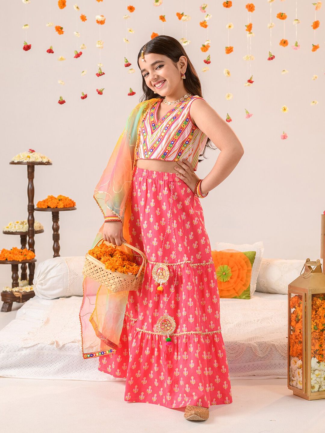 pspeaches Girls Embellished Mirror Work Ready to Wear Lehenga Choli With Dupatta