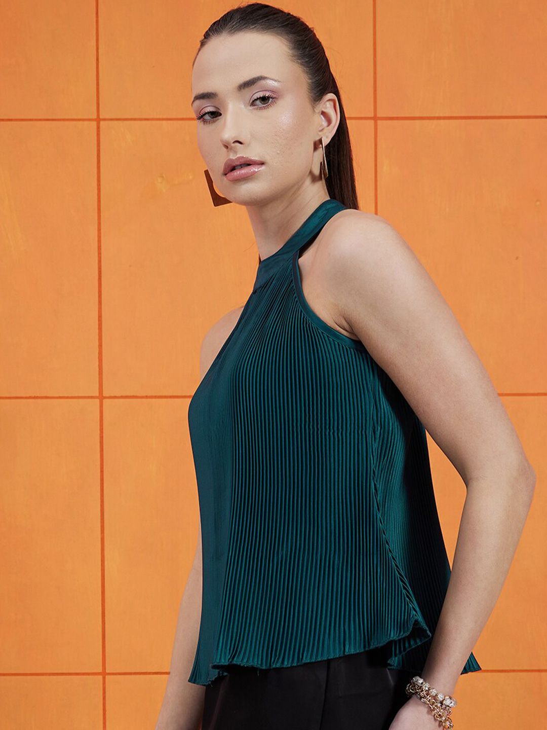 STREET 9 Green High Neck Accordion Pleats A-Line Top