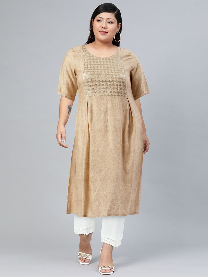 W Women Beige Embellished Keyhole Neck Flared Kurta