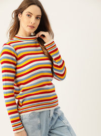 DressBerry Women Red & Mustard Yellow Striped Pullover