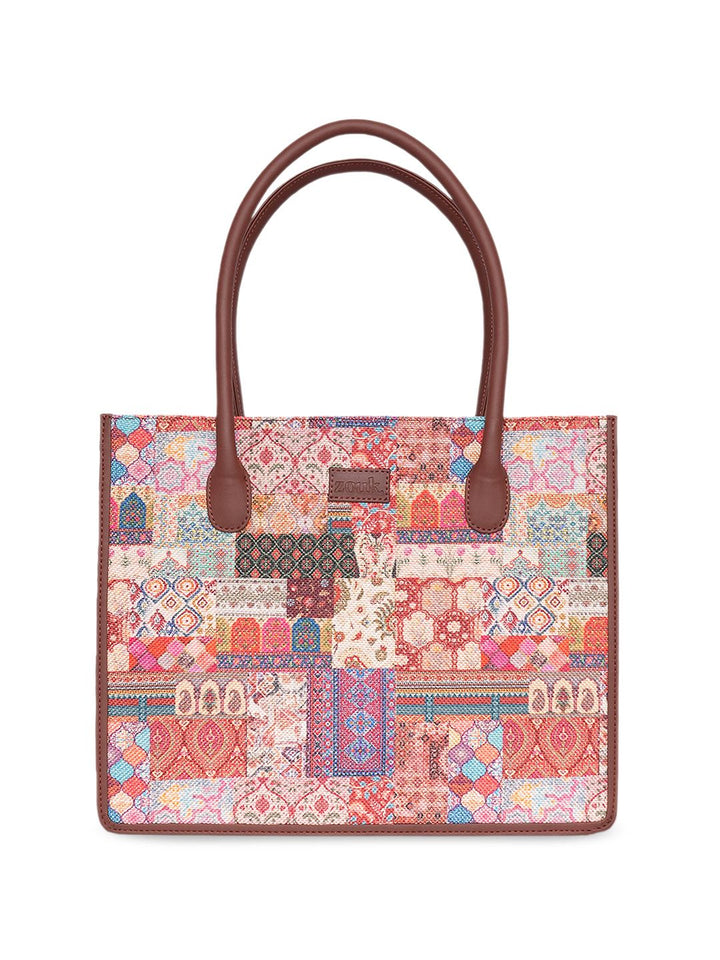 ZOUK Ethnic Motifs Printed Oversized Shopper Jute Handheld Bag