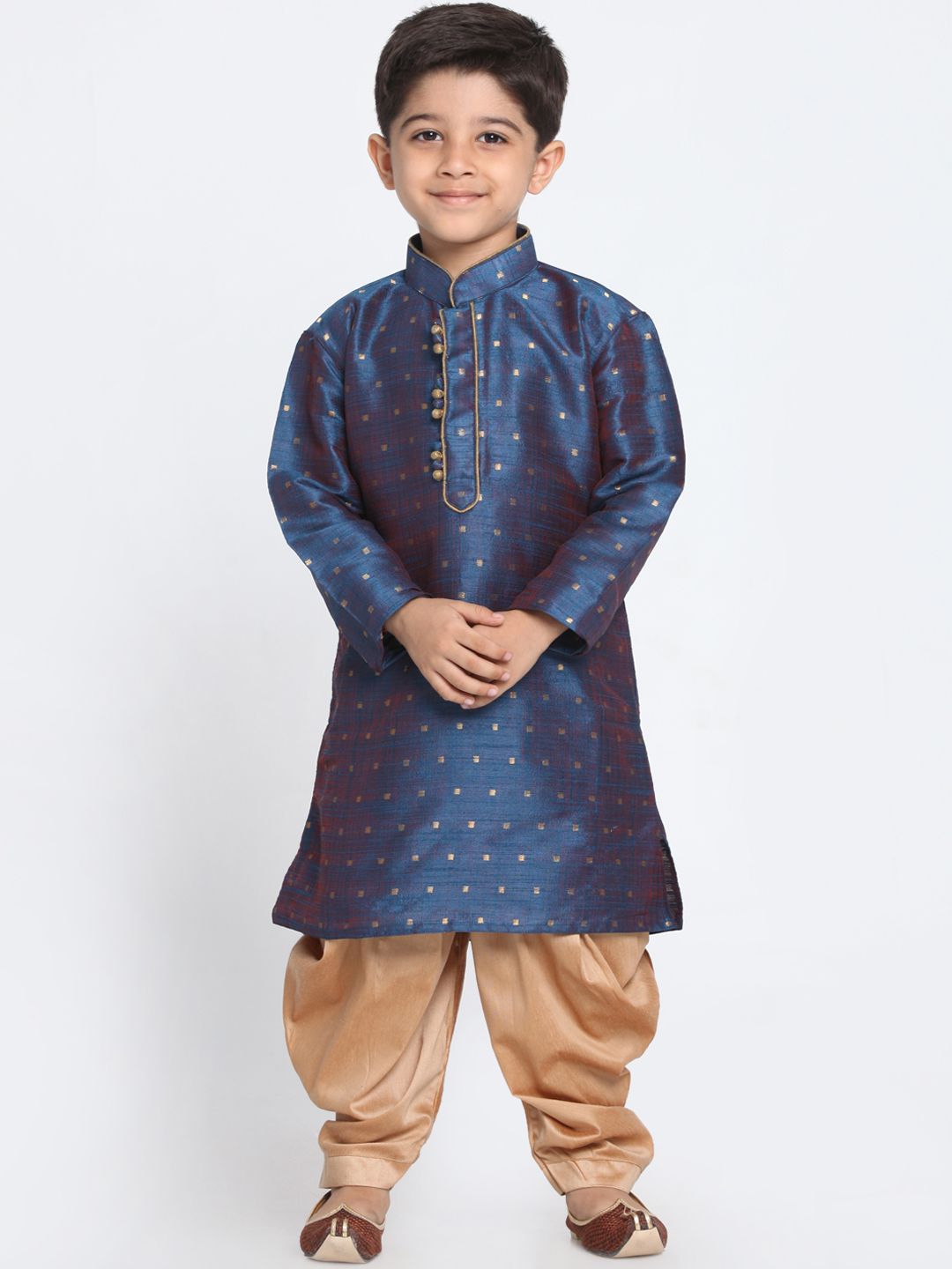 VASTRAMAY Boys Navy Blue & Beige Self Design Kurta with Dhoti Pants