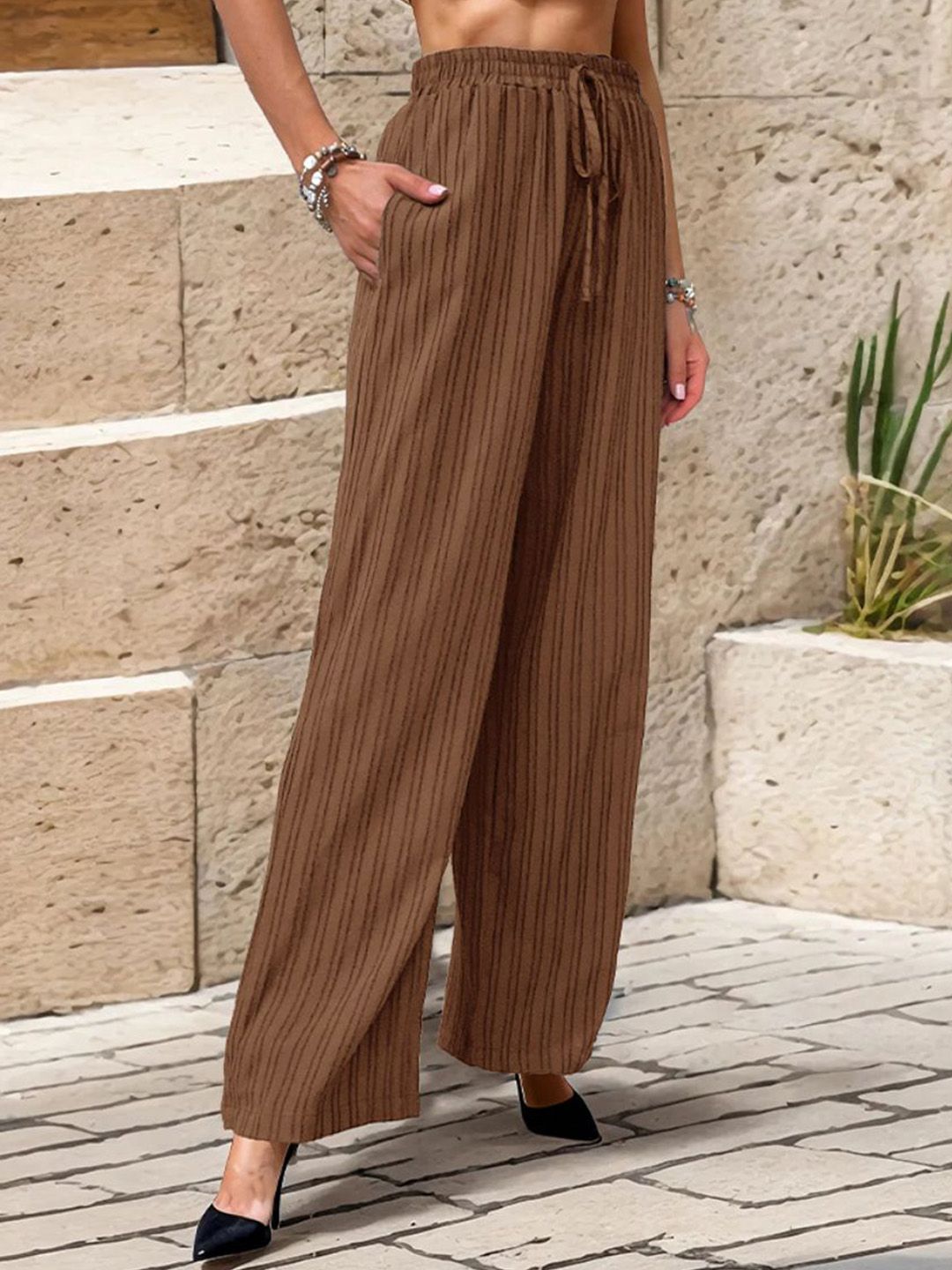 all about you Women Textured Easy Wash Wide Leg Trousers