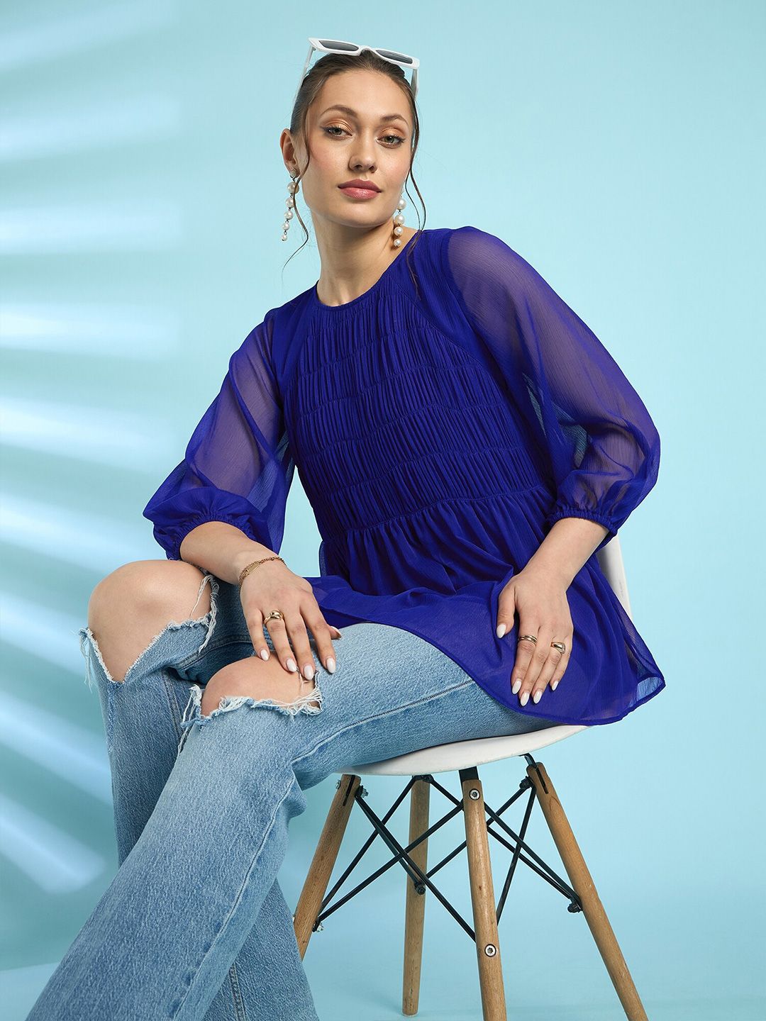 Antheaa Blue Puff Sleeves Smocked Detailed A-Line Top