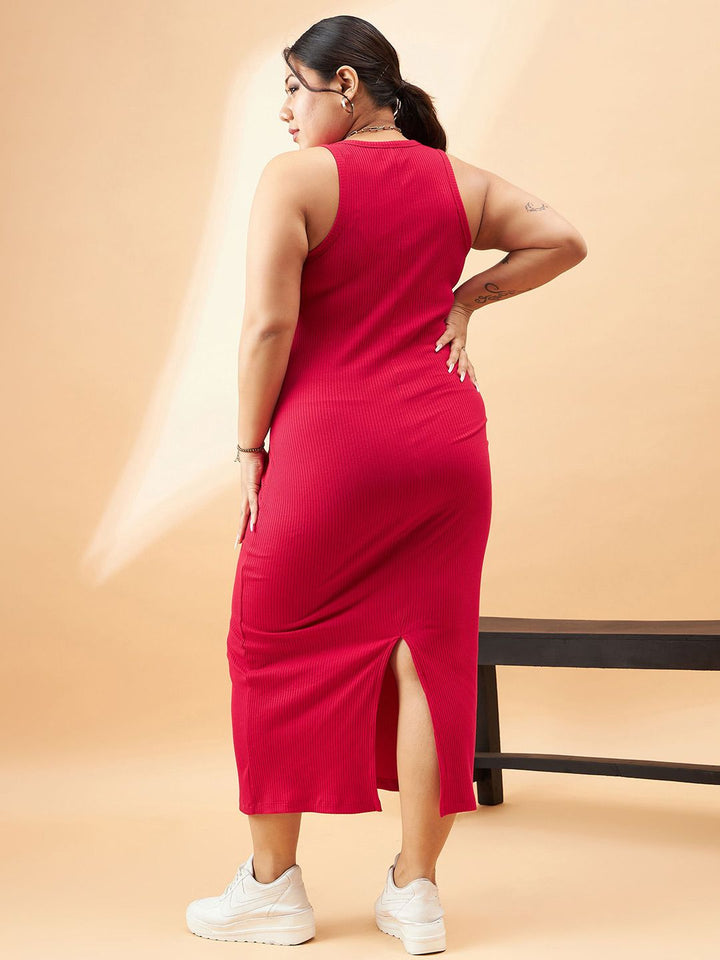 SASSAFRAS Curve Plus Size Red Ribbed Sleeveless Sheath Midi Dress With Shrug