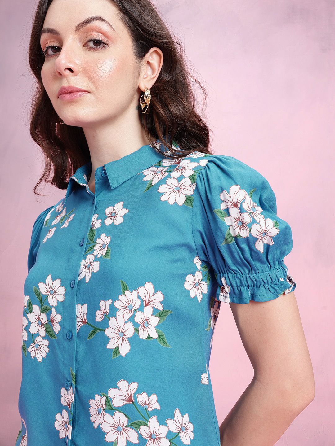 DressBerry Floral Print Puff Sleeves Shirt Style Top