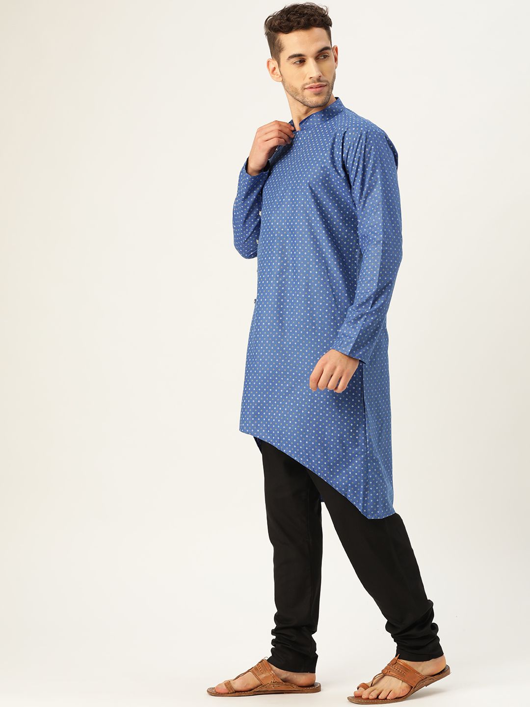 SOJANYA Men Blue & White Printed A-Line High-Low Hem Angrakha Kurta