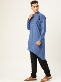 SOJANYA Men Blue & White Printed A-Line High-Low Hem Angrakha Kurta