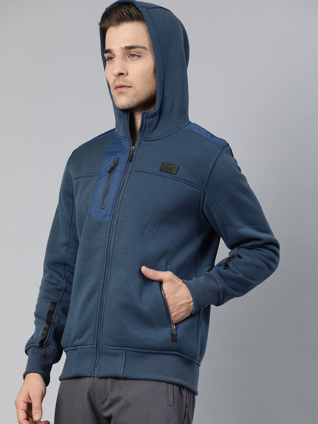 HRX by Hrithik Roshan Men Navy Blue Solid Hooded Bomber Jacket