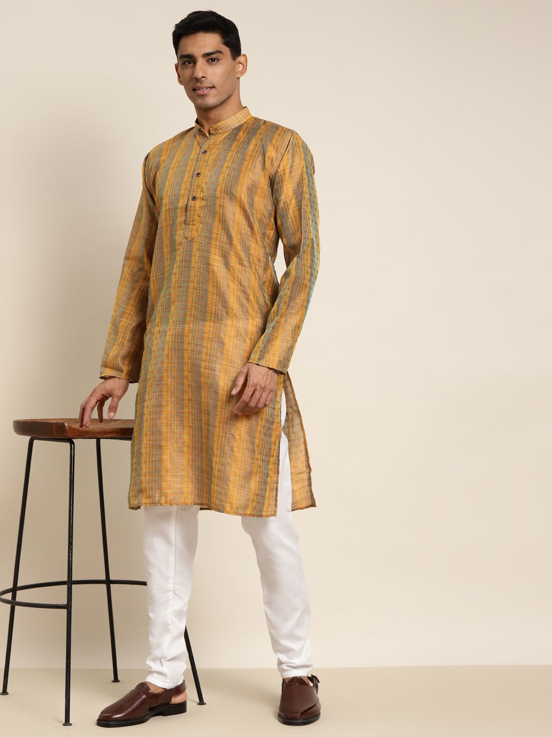 SOJANYA Lelaki Mustard Motif Etnik Kuning & Kelabu Kurta