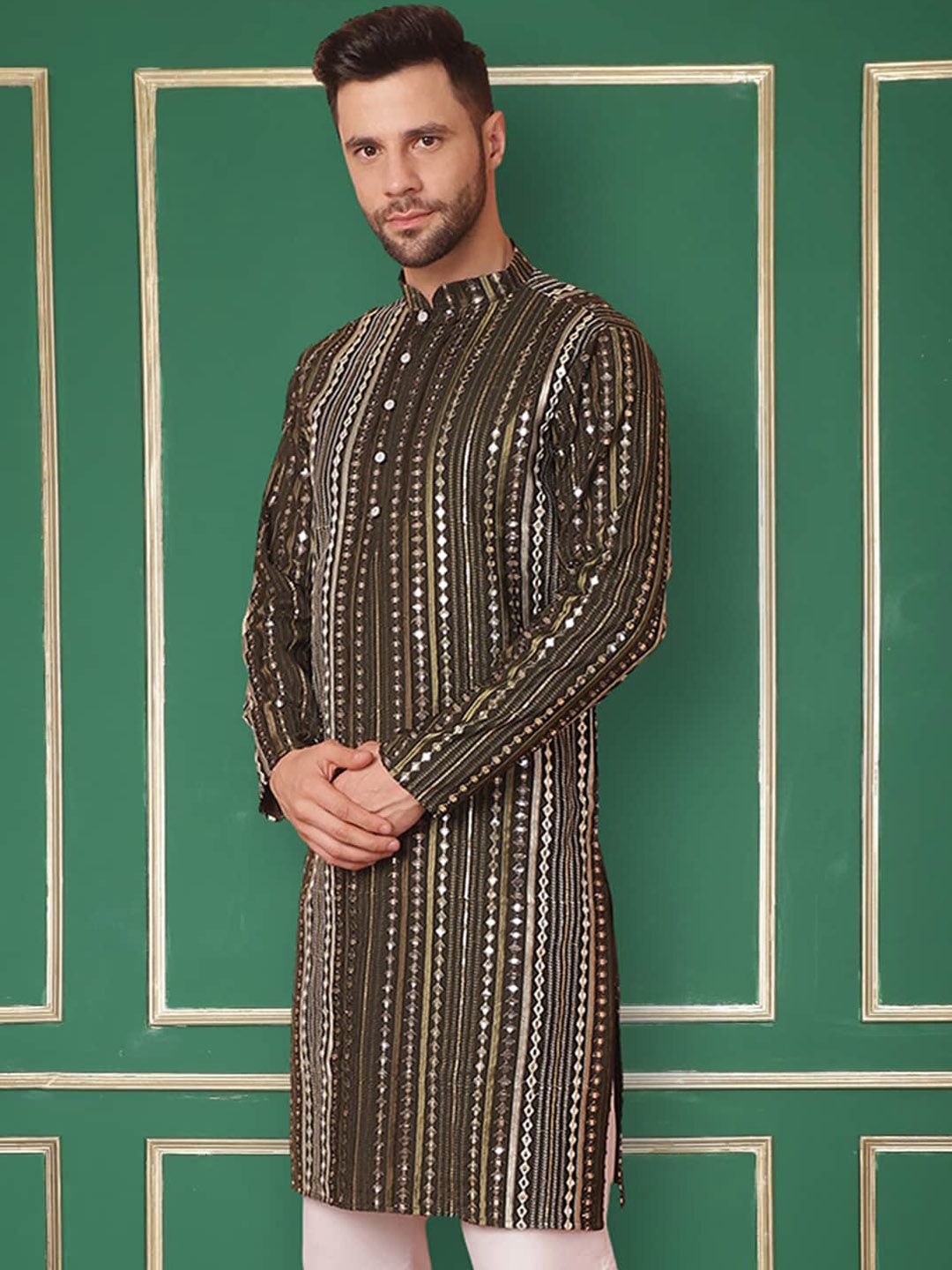 Jompers Striped Mandarin Collar Mirror Work Straight Kurta