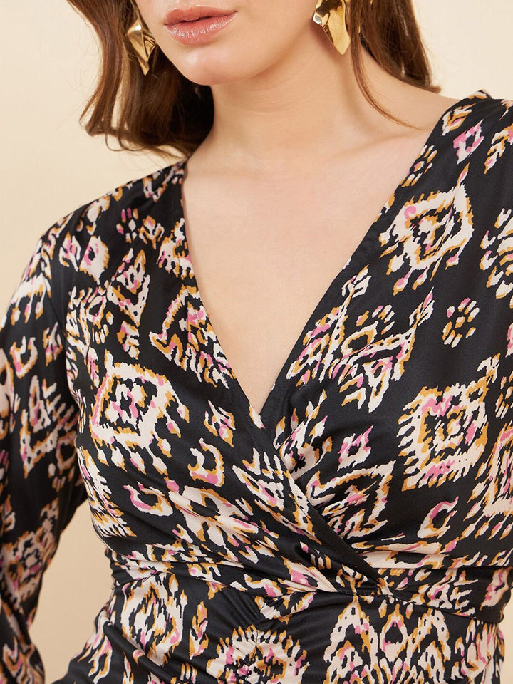 Antheaa Black Ethnic Motifs Printed V-Neck A-Line Midi Dress