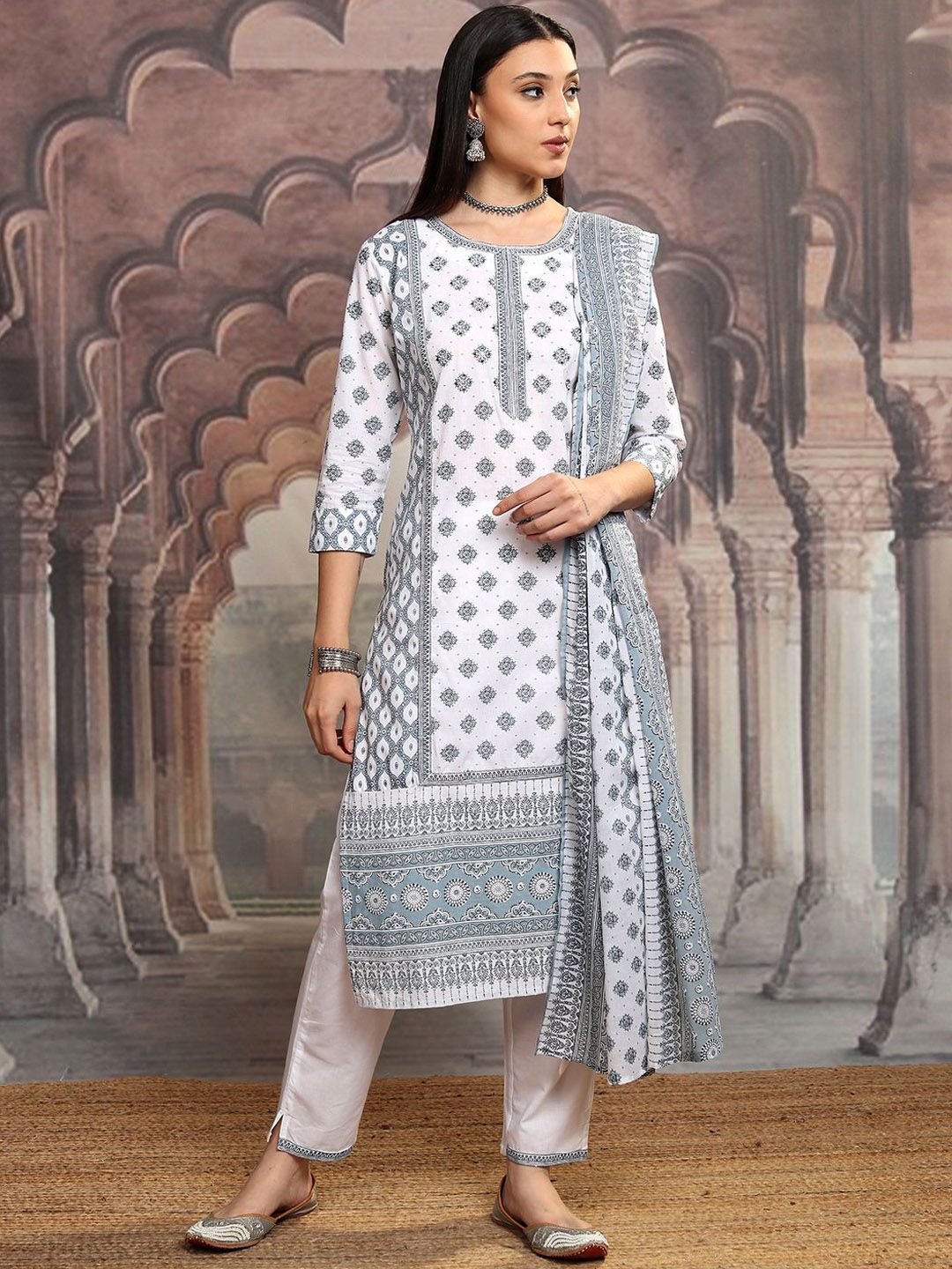 Vishudh White Floral Printed Pure Cotton Straight Kurta With Trousers & Dupatta