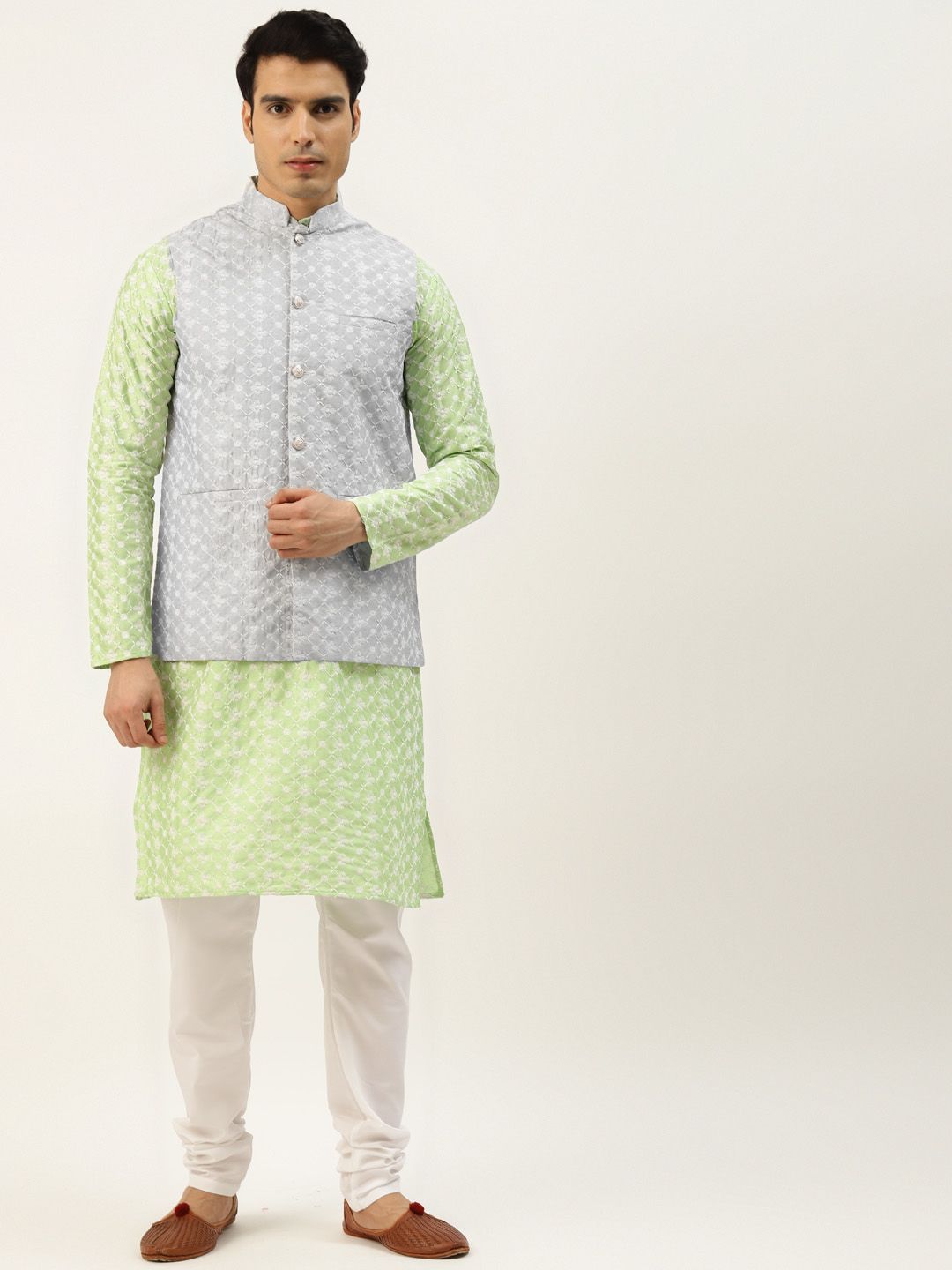 SOJANYA Lelaki Motif Etnik Kelabu & Hijau Kurta Sulam Churidar
