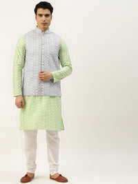 SOJANYA Lelaki Motif Etnik Kelabu & Hijau Kurta Sulam Churidar